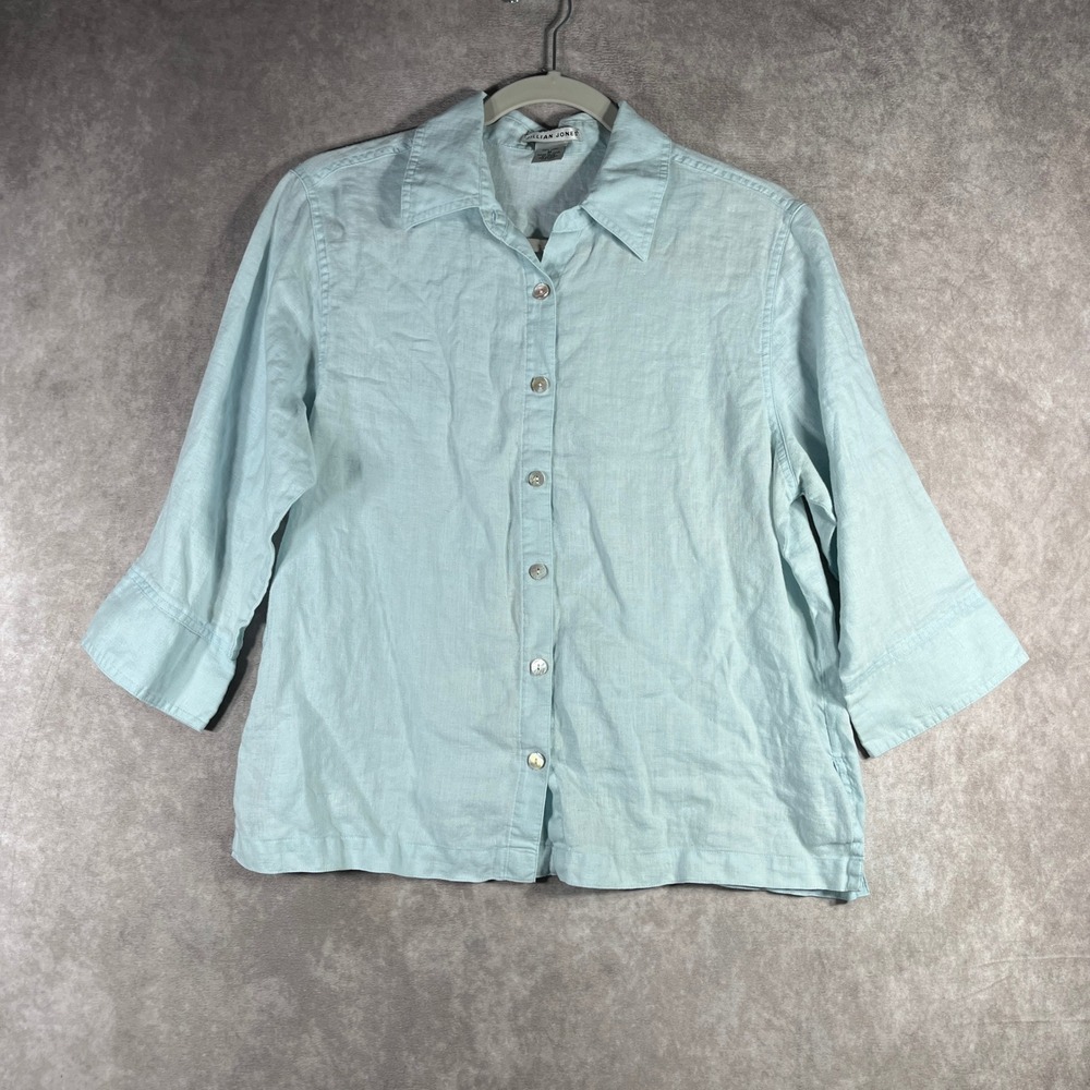 Jillian Jones Linen Button‎ Down Top Womens Medium Light Blue 3/4 Sleeve Coastal